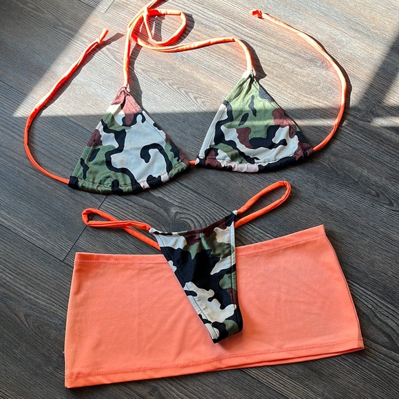 Orange camouflage bikini skirt thong set stripper stretchy army military dancer - Picture 4 of 6